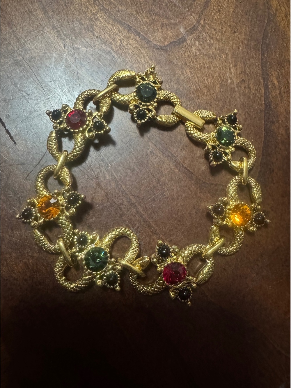Vintage Joan Rivers GoldTone Snake w/Faux Ruby-Emerald-Topaz Gem Bracelet